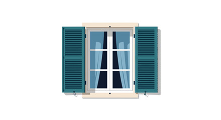 Obraz premium A classic window with open louvered teal shutters, revealing light blue curtains inside, presented as a vector illustration.