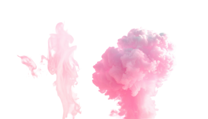 Abstract image of pink smoke clouds against a black backdrop, resembling explosions