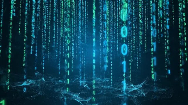 Digital binary code rain falling futuristic glowing data stream with blue and green numbers creating abstract technology and mysterious tech