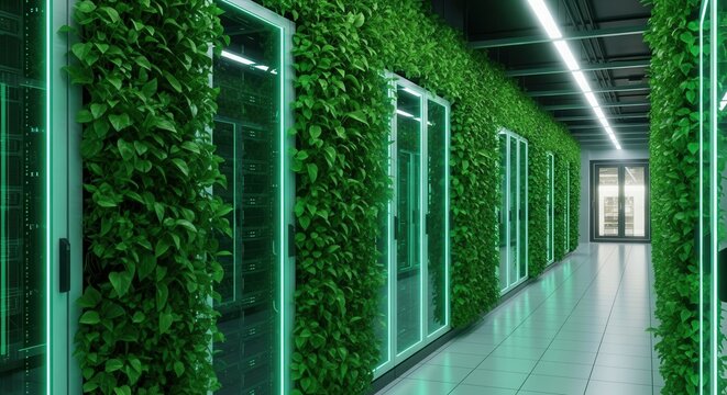 Data center corridor with lush green plants creating a modern eco-friendly atmosphere - Powered by Adobe