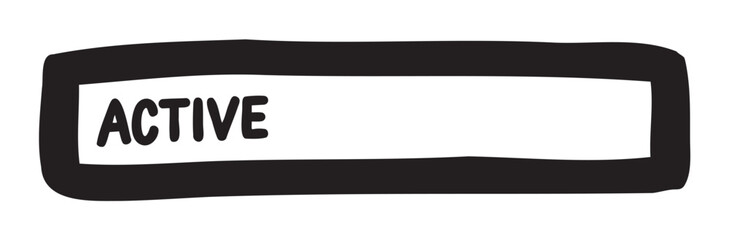 Hand-drawn black outline of a rectangular label with the word "active" prominently displayed in bold, rounded letters.