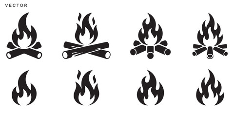 Campfire icon vector silhouette set, Firewood logotype, Fireplace symbol, Bonfire vector illustration on white background
