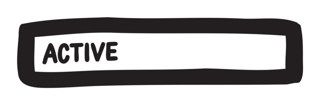 Hand-drawn black outline of a rectangular label with the word "active" prominently displayed in bold, rounded letters.