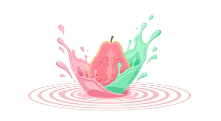 Vibrant Guava Slice in Dynamic Colorful Splashes, Bursting With Freshness And Energy