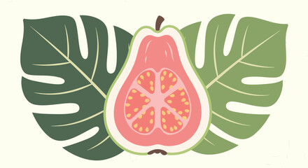 Vibrant Guava Slice With Artistic Background And Lush Tropical Leaves Arrangement