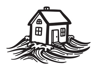 Black outline vector icon of a simple house on waves, symbolizing flooding or a natural disaster.