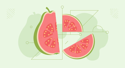 Vibrant Guava Slices Illustrated on Soft Green Backdrop, a Fresh and Artistic Design
