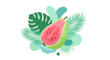 Vibrant Guava Slice With Tropical Foliage And Abstract Geometric Green Elements