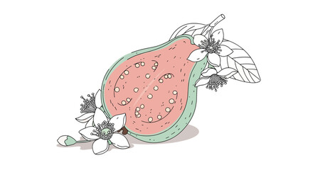 Vibrant Guava Slice With Delicate Blooms and Foliage Beautifully Illustrated
