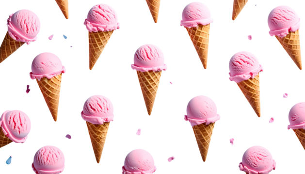 A repeating pattern of strawberry ice cream cones against a black background
