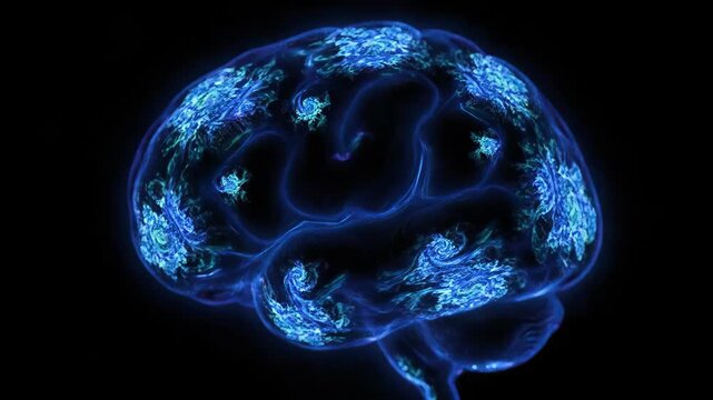 Glowing blue brain with intricate neural swirling mandala patterns and abstract thought energy in dark background showcasing complex design