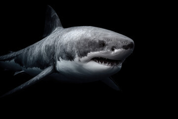 Fototapeta premium The great white shark swimming in deep ocean darkness.