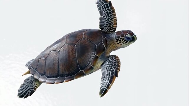 A photorealistic 3D of a leatherback sea turtle swimming gracefully on a clean white background. Detailed shell texture and soft studio reflections highlight its oceanic form.