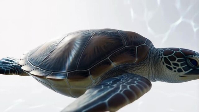A photorealistic 3D of a leatherback sea turtle swimming gracefully on a clean white background. Detailed shell texture and soft studio reflections highlight its oceanic form.