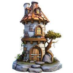 Fantasy tower house with stone base and tree.