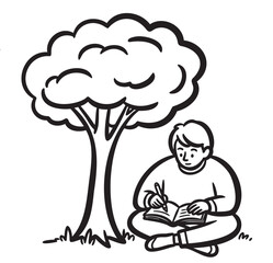 Fototapeta premium Black outline drawing of a young caucasian male sitting under a tree, writing in a notebook with a pen, capturing a peaceful outdoor moment.