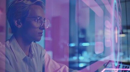 A futuristic high-tech office where a person interacts with a holographic AI interface. The environment is filled with soft blue and purple neon lights, transparent screens, and 3D data visualizations - Powered by Adobe