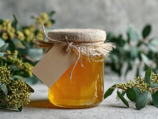 Glass jar filled with golden honey and a blank tag