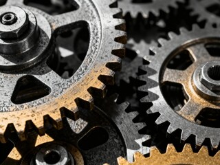 Close-up view of interlocking metallic gears in mechanical system