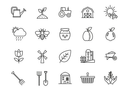 Collection of Farming and Agriculture Icons in Outline Style.