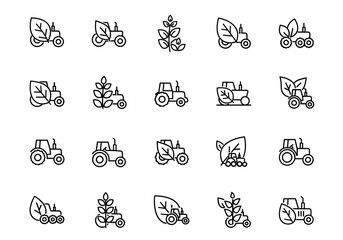Collection of Black and White Tractor Icons with Plant Elements.