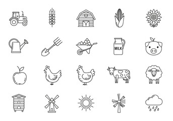Collection of Farm and Agriculture Line Icons: Tractor Barn Animals and Crops.