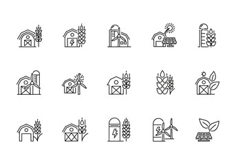 Set of Farm and Agriculture Line Icons Featuring Barns Windmills Solar Panels and Wheat.