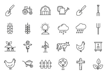 Farm and Agriculture Outline Icon Set: Tools Animals and Crops.