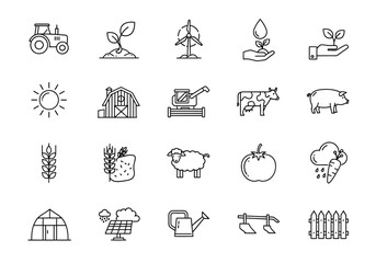 Agriculture and Farming Icon Set: Tractor Crops Animals and Tools in Line Art.