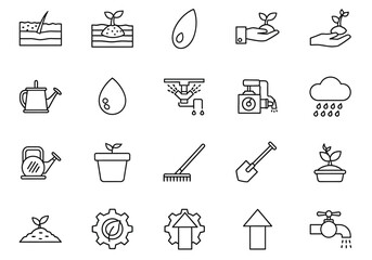 Black and White Outline Icons Representing Gardening Growth and Environmental Concepts.