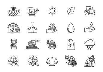 Agriculture and Farming Icon Set in Black and White Outline Style.