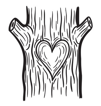 Black outline drawing of a tree trunk with a heart symbol carved in the center. simple illustration for love, nature, and rustic designs.