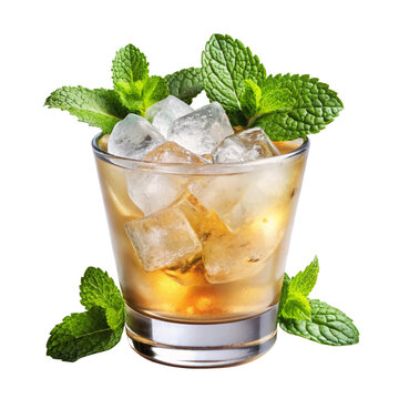 Refreshing mint julep cocktail isolated on transparent background, a classic drink with bourbon, sugar, and mint