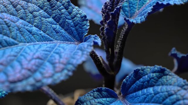 Blue Leaf Macro - A macro shot highlights the intricate texture and vibrant blue color of the leaf. Details like the veins and bumpy surface are clearly visible.