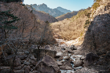 Frozen rocky stream in Seoraksan National Park, Sokcho, South Korea