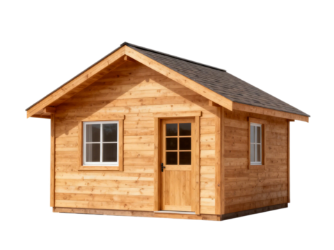 [Transparent Background PNG]Small wooden cabin with windows and door for outdoor use