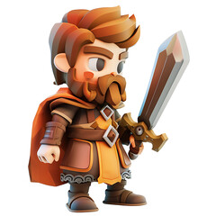 A stylized 3D cartoon character of a brave warrior with a beard and a sword, wearing a cape and armor.