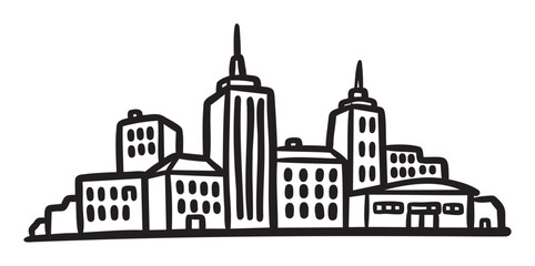 Obraz premium Simple black outline drawing of a city skyline with various skyscrapers and buildings depicted in a minimalist cartoon style.