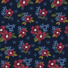 Seamless floral pattern, liberty ditsy print in dark autumn, winter motif. Elegant botanical design of hand drawn bouquets, large red flowers, small leaves on a blue background. Vector illustration.