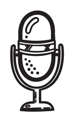 Fototapeta premium Black outline vector icon of a vintage-style microphone with a stand, featuring a classic oval shape and dotted grille details.