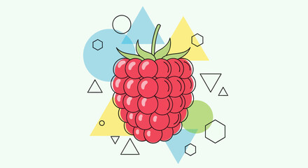 Vibrant Illustrated Raspberry Fruit Arrangement within a Geometric Design Background