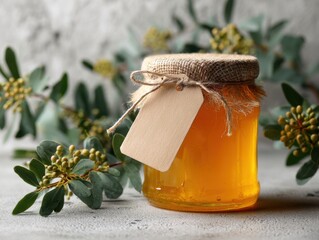 Glass jar of golden honey with a rustic tag