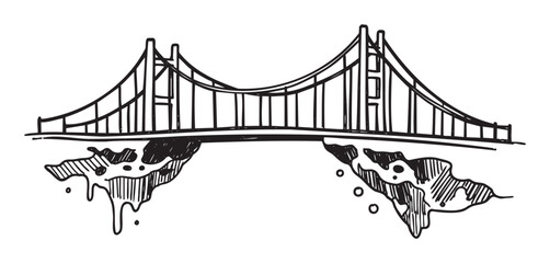 Fototapeta premium Black and white sketch of a suspension bridge with towers and cables spanning across two landmasses.