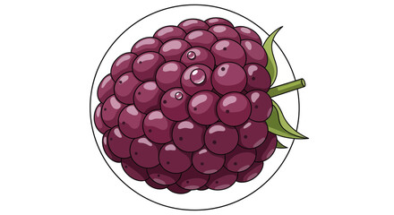Vibrant Illustration of a Fresh Blackberry with Glossy Dew Drops Inside a Simple Circle Frame