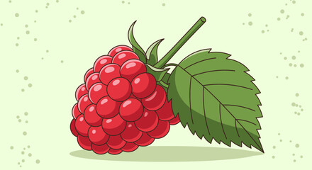 Vibrant Illustration of a Freshly Picked Raspberry with Lush Green Leaf Details