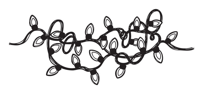 Black outline drawing of a string of tangled holiday lights arranged in an abstract pattern. the bulbs are depicted in various angles for a festive theme.