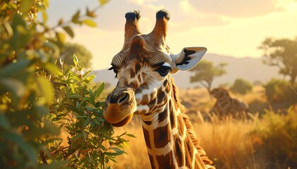 Close-up of a giraffe enjoying foliage. Sunlit savanna backdrop with dry grasses and distant wildlife. Warm color