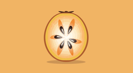 Vibrant Illustration of a Persimmon Fruit Slice on a Simple Orange Background