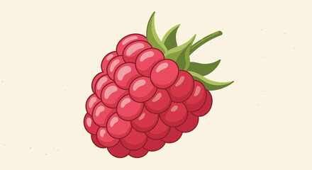 Vibrant Illustration Of a Perfectly Ripe Raspberry berry With Green Leaves On Neutral Background