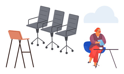 Woman sitting with documents at a desk, three office chairs close by, cloud in background. Ideal for workspace, productivity, office culture, creativity, focus planning organization. Simple flat